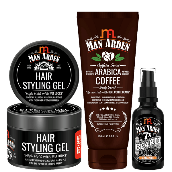 Hair And Skin Grooming | Hair Styling Gel 50g + Coffee Body Scrub 200ml + Beard Oil (Mandarin) 30ml
