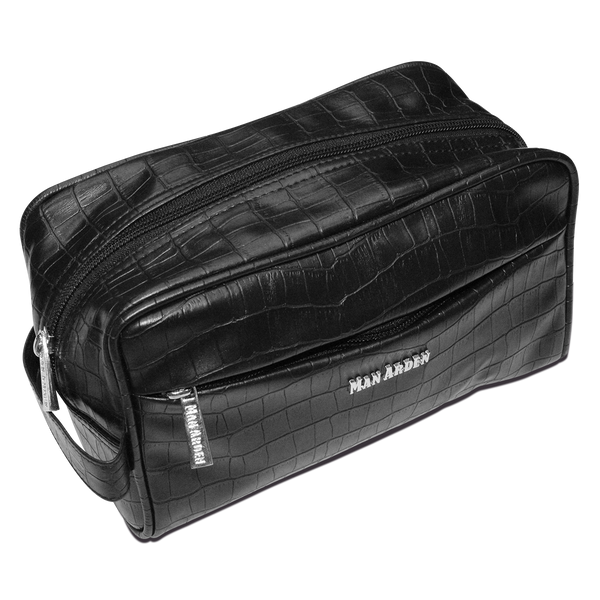 The Bossy Black" PVC Leather Toiletry Bag/Shaving Double Zip (Black)