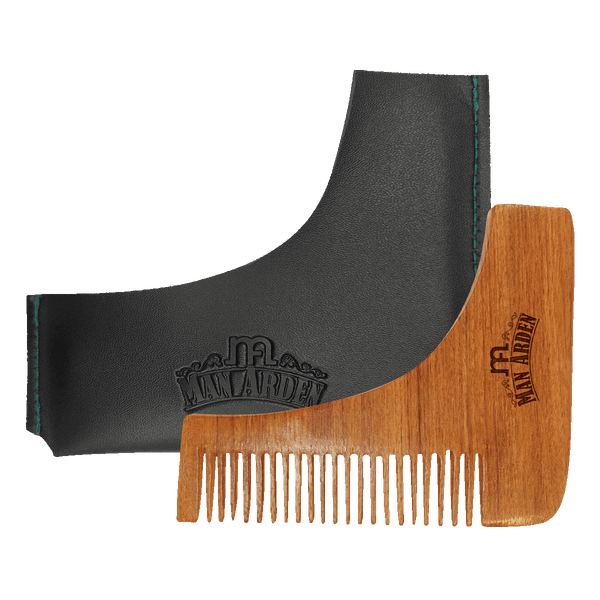 Neem Wooden L Shaped Beard Comb with Rich Leather Pouch